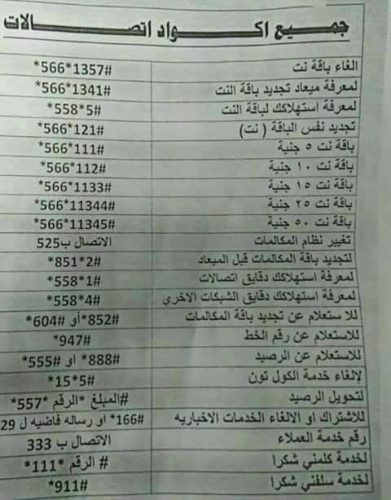 جميع اكواد شبكة اتصالات مصر - فون هت